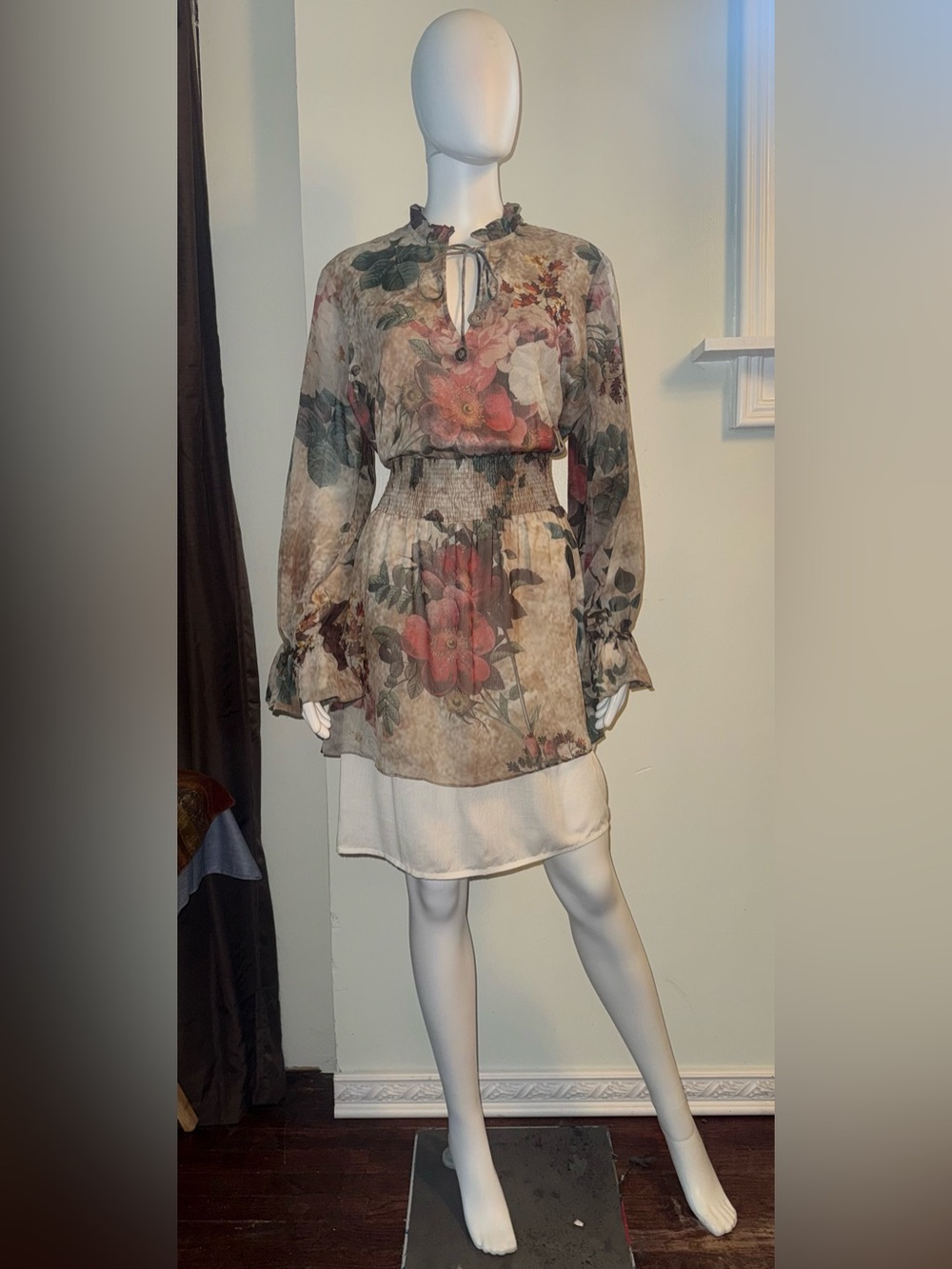 HEMANT & NANDITA Floral Beige Long-Sleeve Smocked Waist Dress